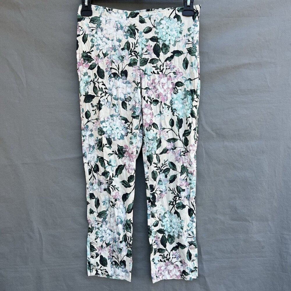 J. Jill Linen Stretch Size XS Vintage Hydrangea Floral Pants Spring Summer